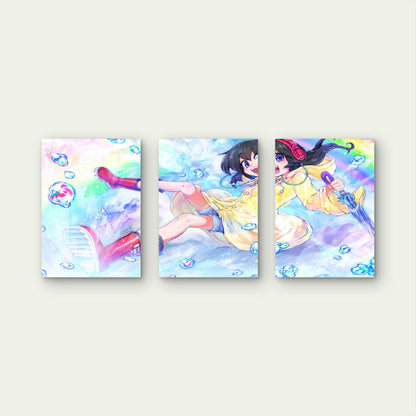 3pcs Anime Girl Raincoat Headphones Rainbow Bubble Metal Print Ready to Hang Art