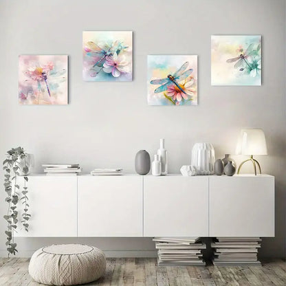 4pcs  Decorations Dragonfly Watercolor Flower Wall Art Canvas Framed