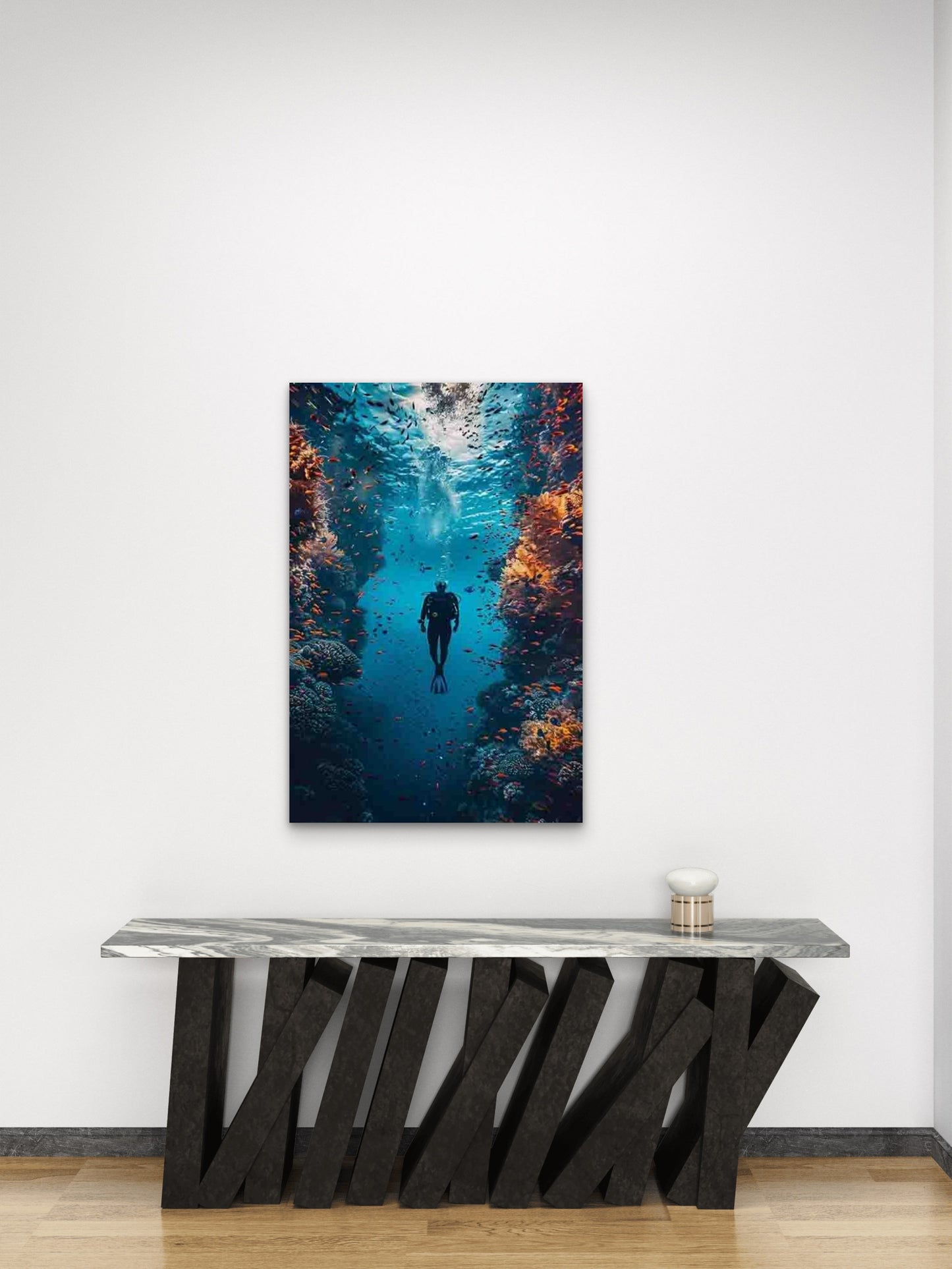 Vibrant Underwater Scene with Scuba Diver 60x90cm Metal Print Ready to Hang