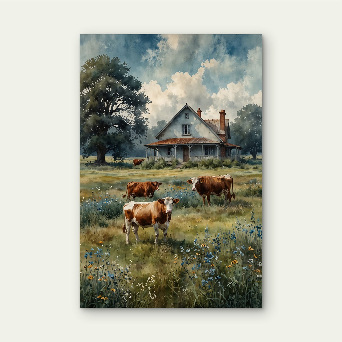 Watercolor of Rustic Farm with Grazing Cows 40x60cm Metal Print Ready to Hang