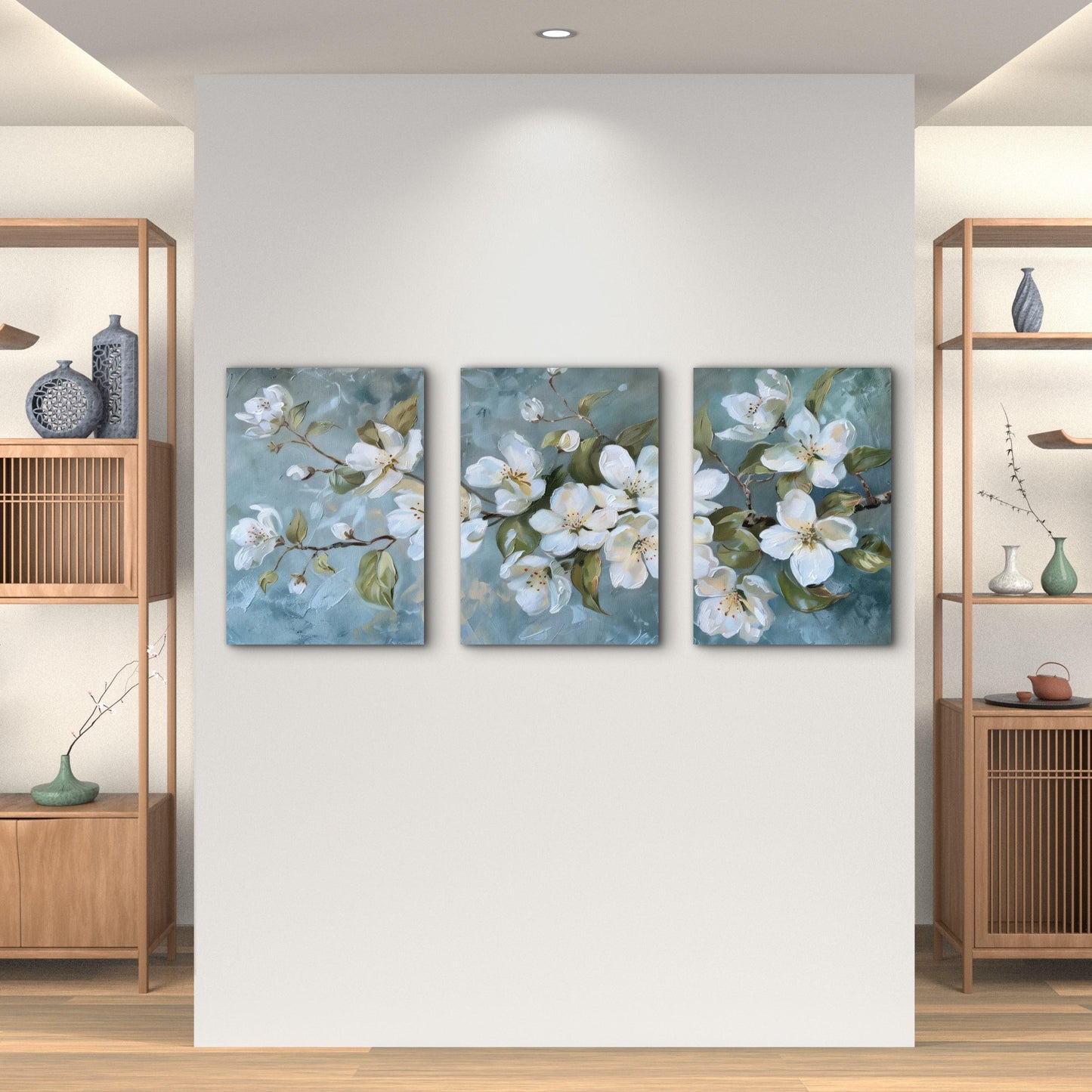 3pcs Blossoming White Petals On Blue Canvas Wall Art Set Canvas Framed 40x60cm - High Quality Print 100% Australian Made Wall Canvas Ready to Hang - Bella Home Decor