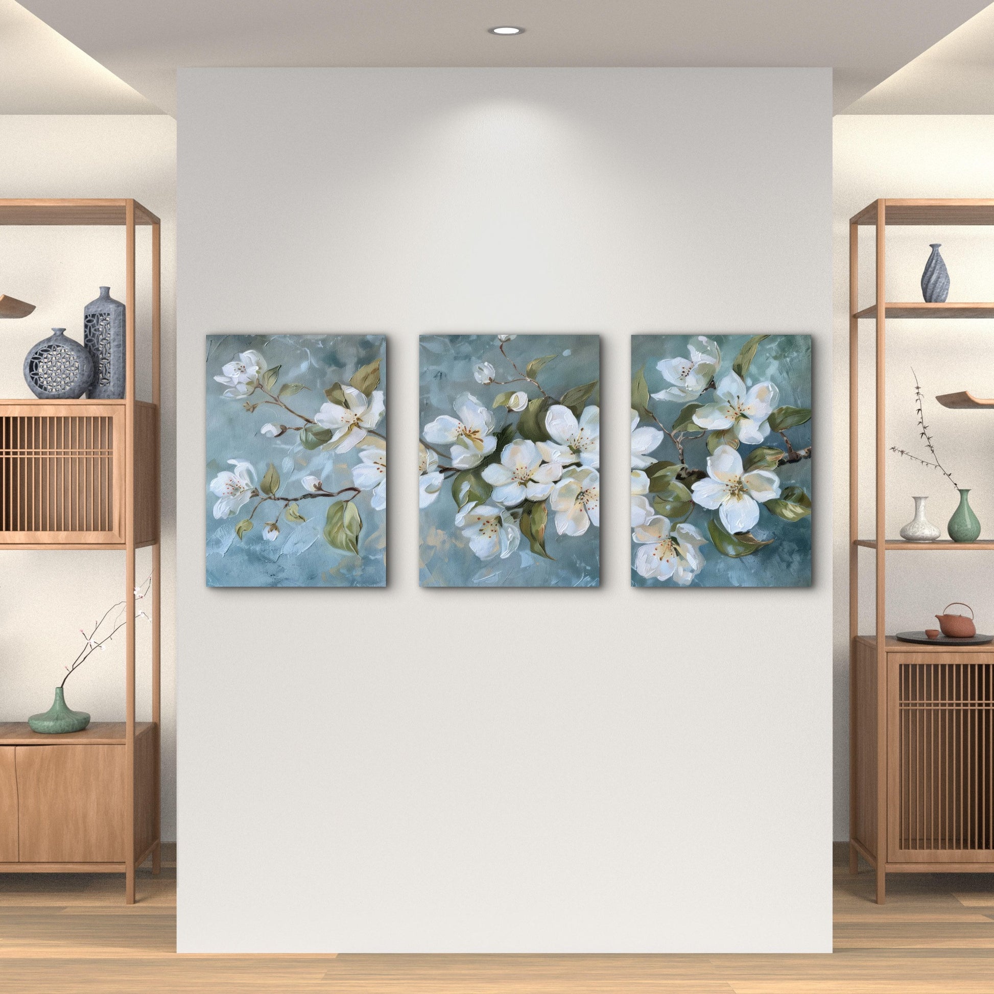 3pcs Blossoming White Petals On Blue Canvas Wall Art Set Canvas Framed 60x90cm - High Quality Print 100% Australian Made Wall Canvas Ready to Hang - Bella Home Decor
