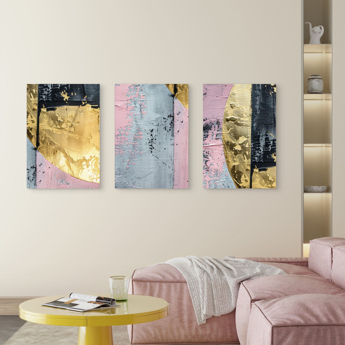 3pcs Abstract Metallic Gold Pink Brush Stroke   Wall Art Set Canvas Framed 50x70cm - High Quality Print 100% Australian Made Wall Canvas Ready to Hang