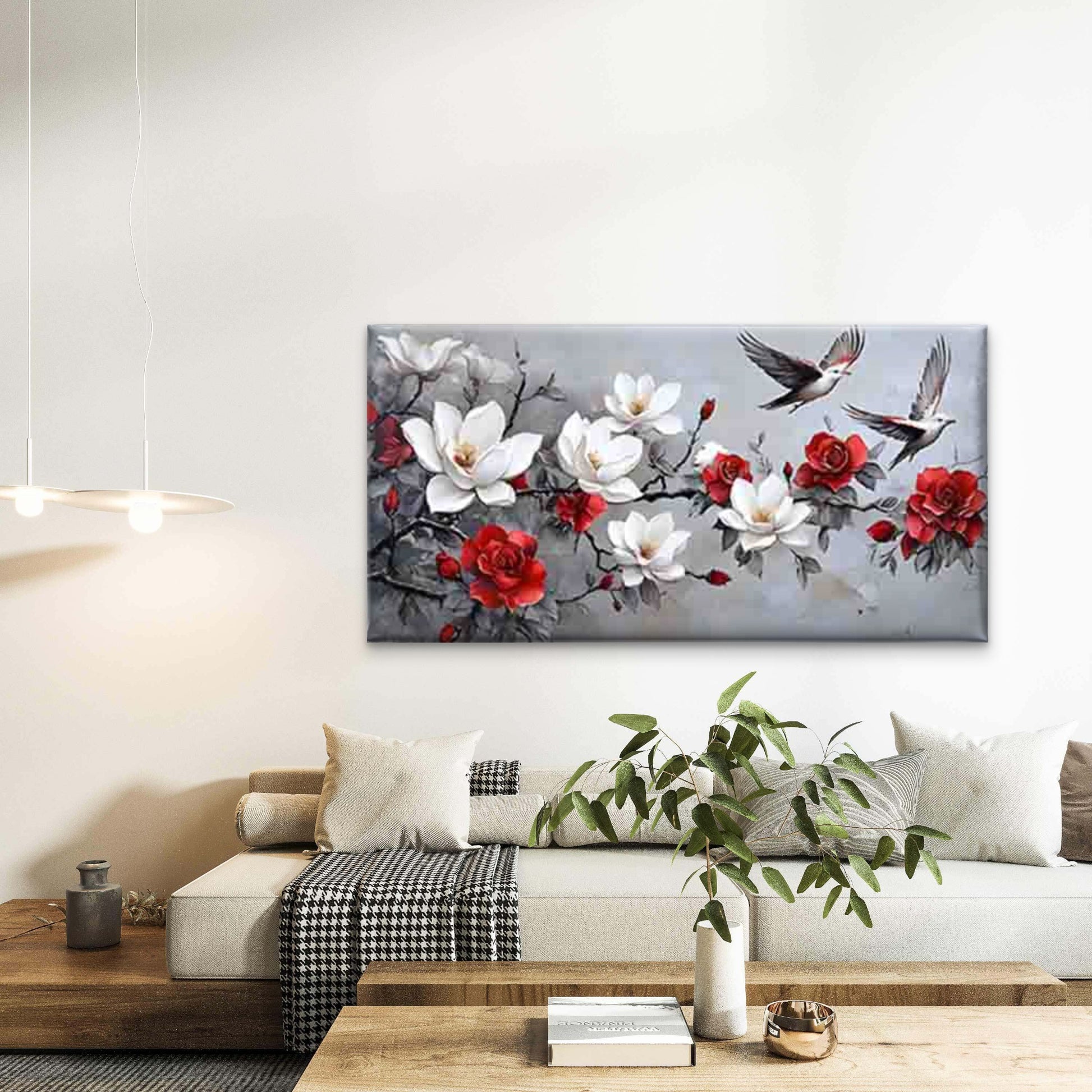 White Floral with Flying Birds Wall Art Canvas Office Home Room Framed 120x60cm - Bella Home Decor