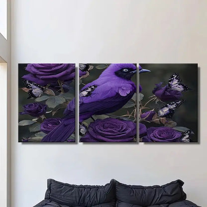 3pcs Purple Bird with Black & White Butterflies Metal Print Ready to Hang Art