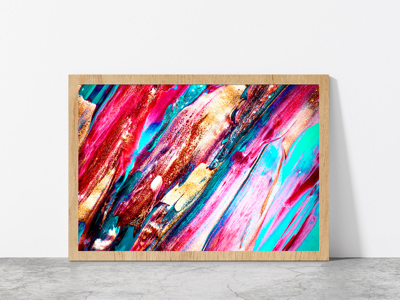 Colorful Texture Painting Glass Framed Wall Art, Ready to Hang Quality Print Without White Border Oak