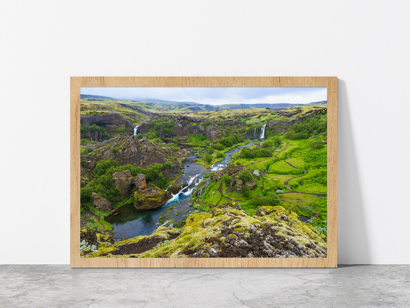 Rocky Mountains With Waterfalls Glass Framed Wall Art, Ready to Hang Quality Print Without White Border Oak