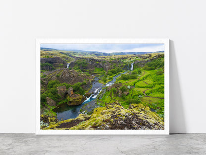 Rocky Mountains With Waterfalls Glass Framed Wall Art, Ready to Hang Quality Print Without White Border White