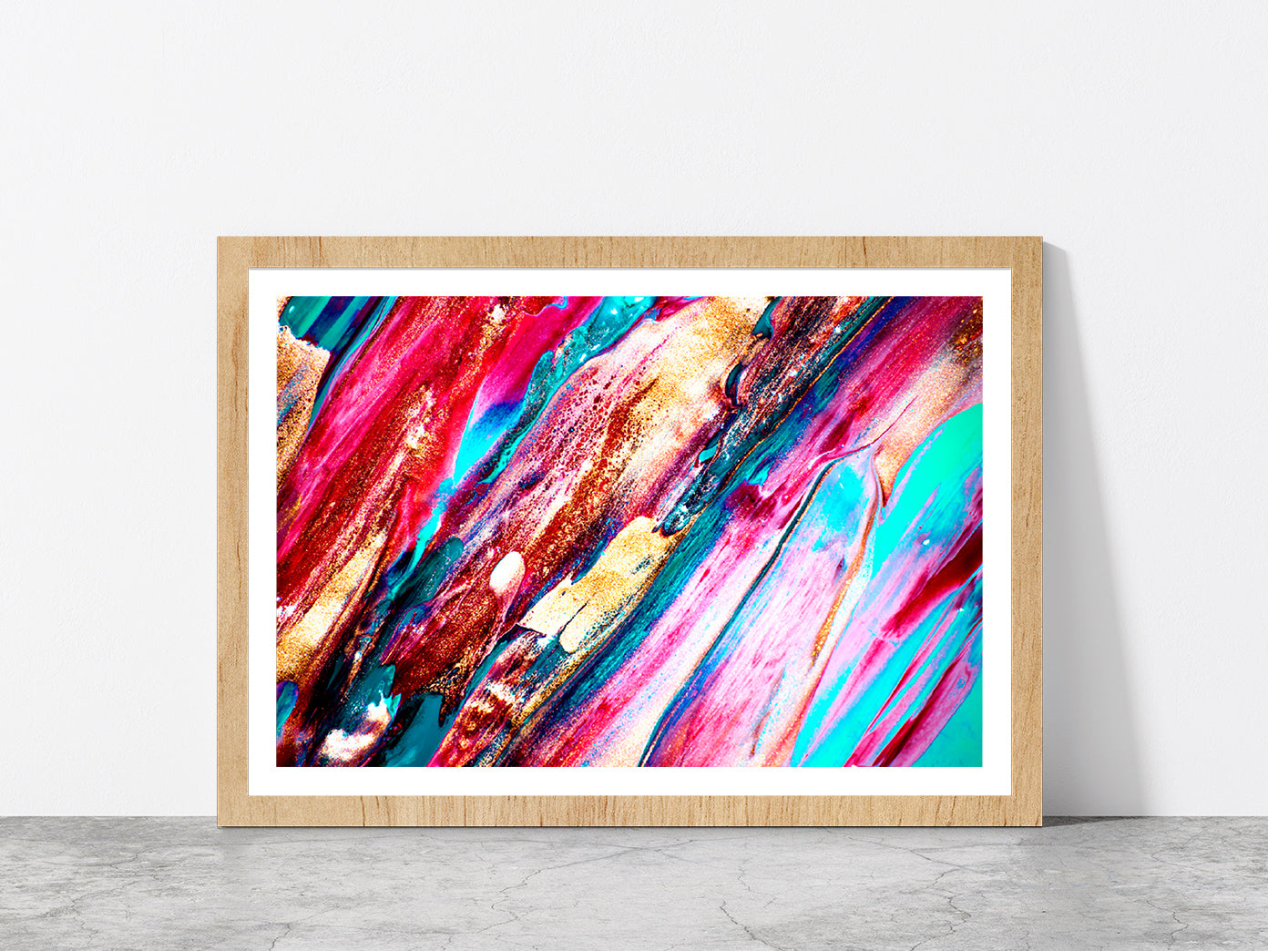 Colorful Texture Painting Glass Framed Wall Art, Ready to Hang Quality Print With White Border Oak