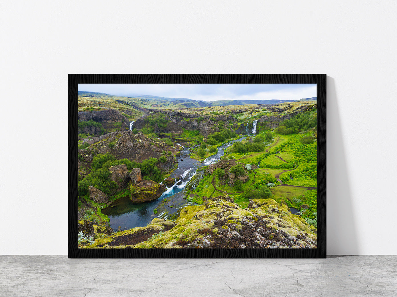 Rocky Mountains With Waterfalls Glass Framed Wall Art, Ready to Hang Quality Print Without White Border Black