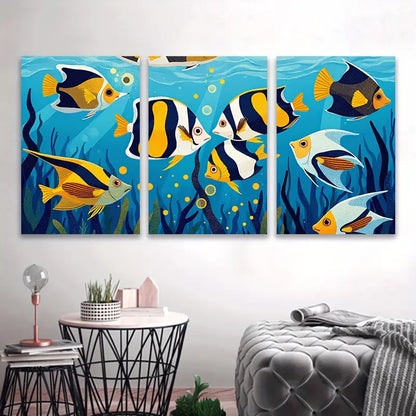 3pcs Yellow & Black Fish Underwater Scene Wall Art Set Canvas Framed 40x60cm - High Quality Print 100% Australian Made Wall Canvas Ready to Hang
