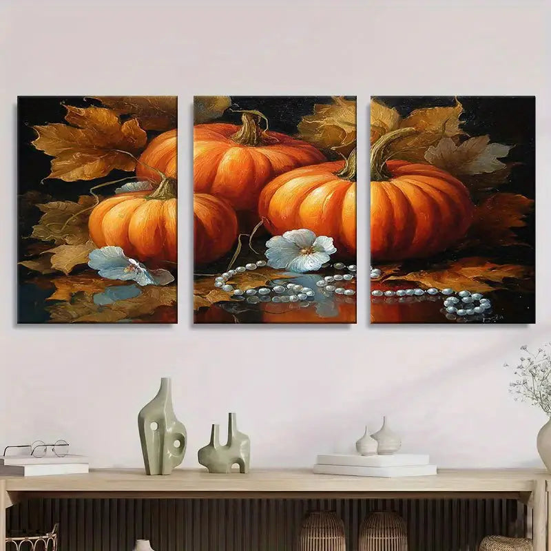 3pcs Autumn Pumpkin & Leaf Painting With Pearls Metal Print Ready to Hang Art - Bella Home Decor