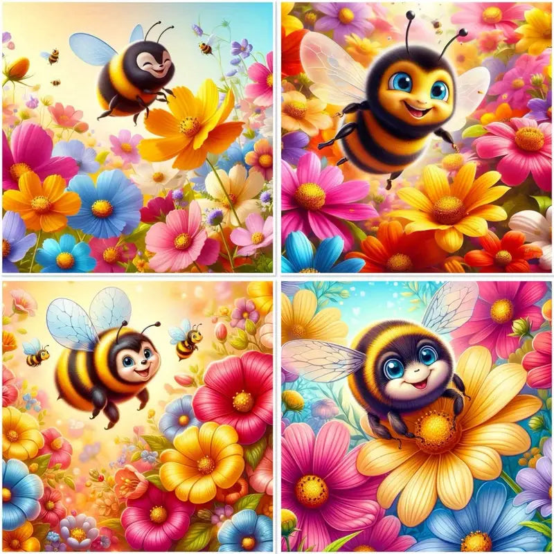 4pcs Beginner Small Bee Animal Wall Art Canvas Framed