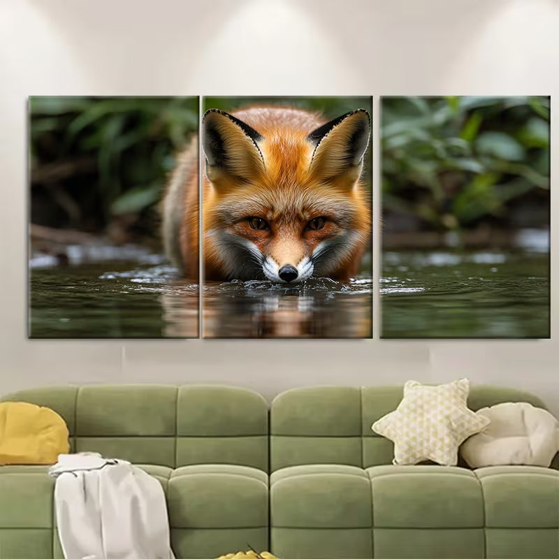 3pcs Curious Wild Fox Drinking from River Metal Print Ready to Hang Art - Bella Home Decor