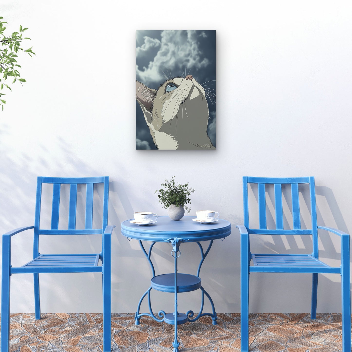 Illustration of a Cat Looking at Cloudy Sky 40x60cm Metal Print Ready to Hang
