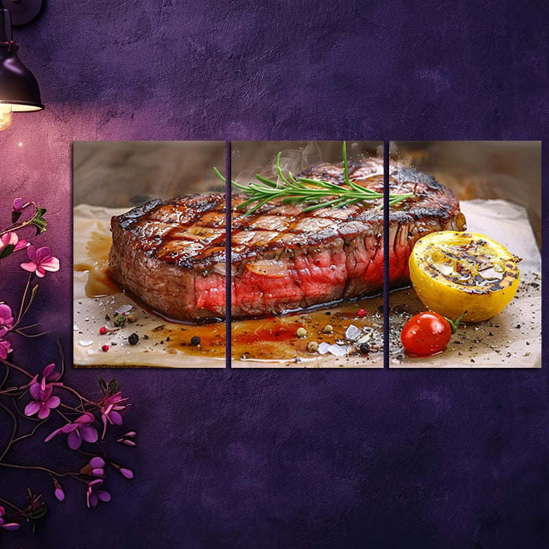 3pcs Steak Served on a Wooden Cutting Board Wall Art Set Canvas Framed 50x70cm - High Quality Print 100% Australian Made Wall Canvas Ready to Hang