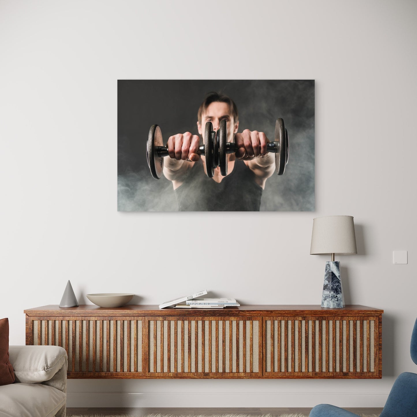 Man Lifting Dumbbells In Smoke Gym Fitness 5mm thick Plastic Poster Ready to Hang 90x60cm