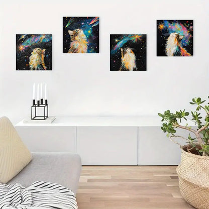 4pcs Colorful cute style cat  theme  DF Wall Art Canvas Framed