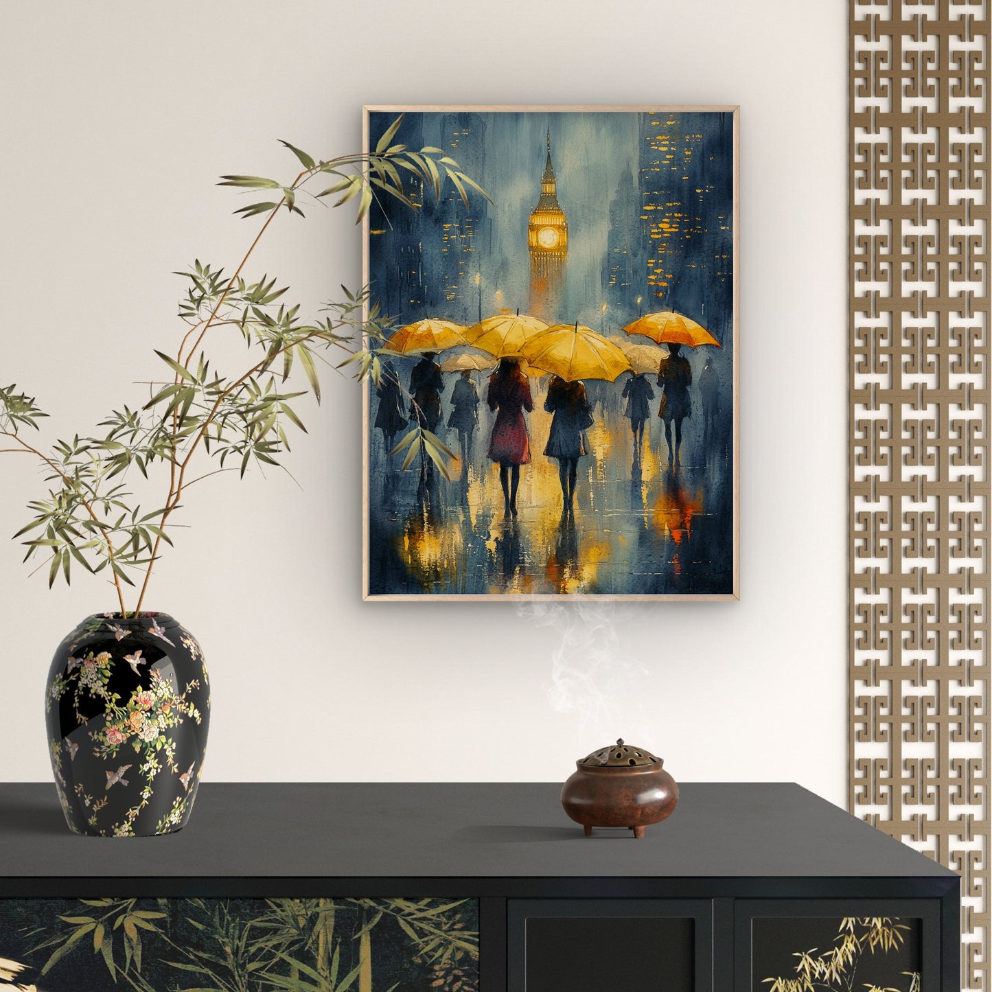 Rainy Day in London Abstract Watercolour Art with Yellow Umbrellas and Elizabeth Tower Vintage Wall Art Canvas Print 100% Australian Made - Bella Home Decor