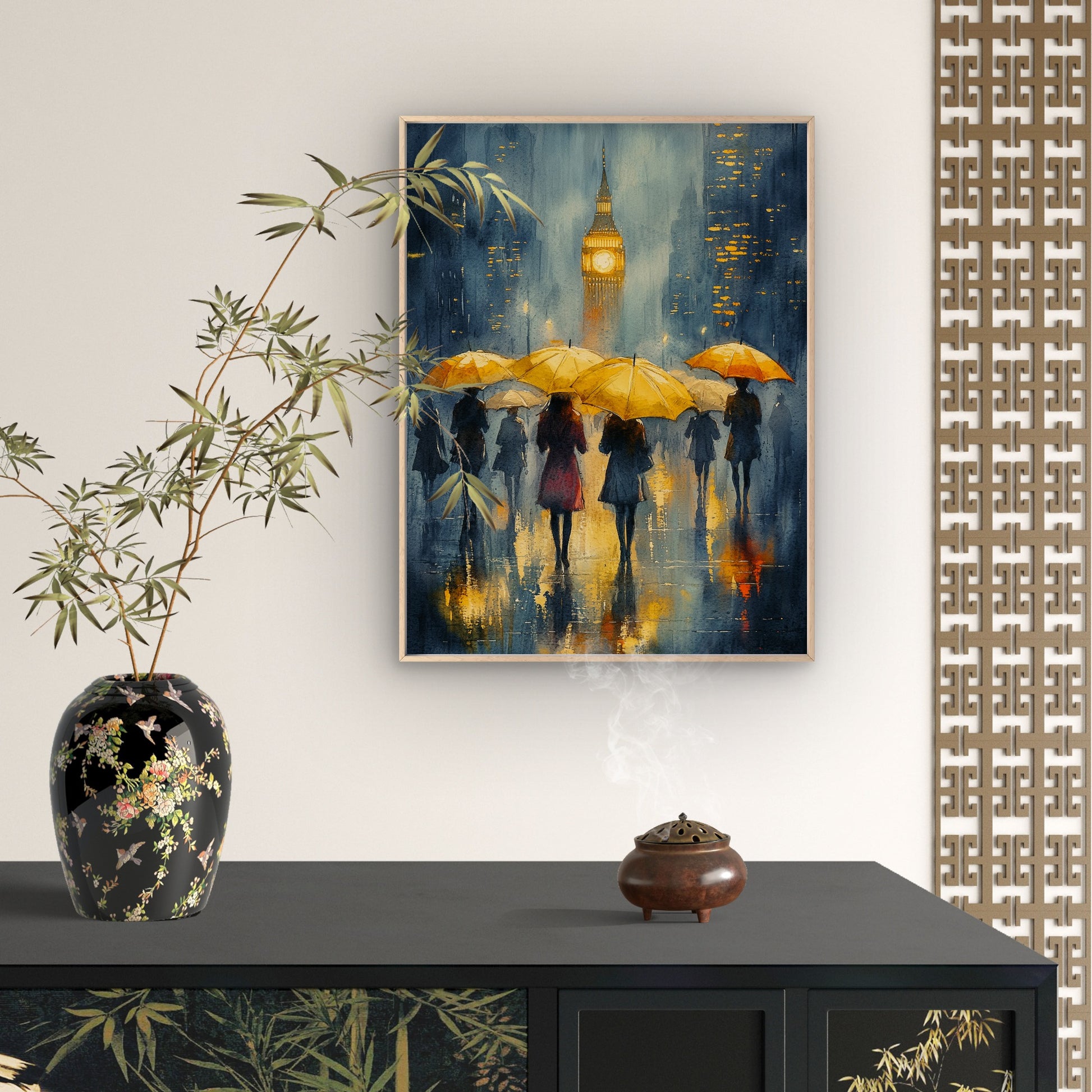 Rainy Day in London Abstract Watercolour Art with Yellow Umbrellas and Elizabeth Tower Vintage Wall Art Canvas Print 100% Australian Made - Bella Home Decor
