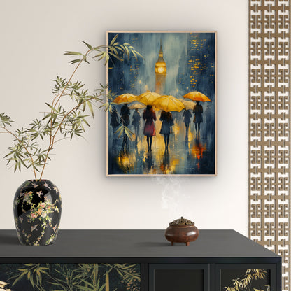 Rainy Day in London Abstract Watercolour Art with Yellow Umbrellas and Elizabeth Tower Vintage Wall Art Canvas Print 100% Australian Made - Bella Home Decor