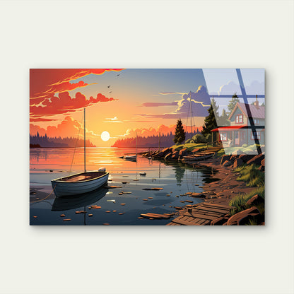 Lakeside Cabin Sunset Sailboat Acrylic Glass Printing Wall Art Australian Made Quality