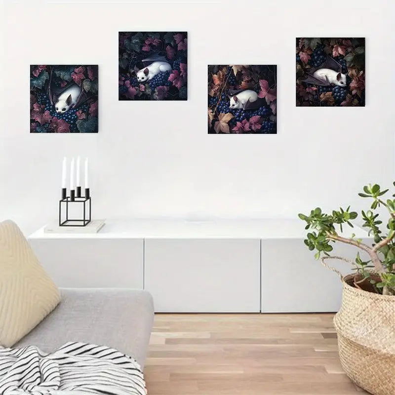 4pcs White Bat Resting on Vibrant Grape  Wall Art Canvas Framed