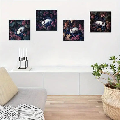 4pcs White Bat Resting on Vibrant Grape  Wall Art Canvas Framed