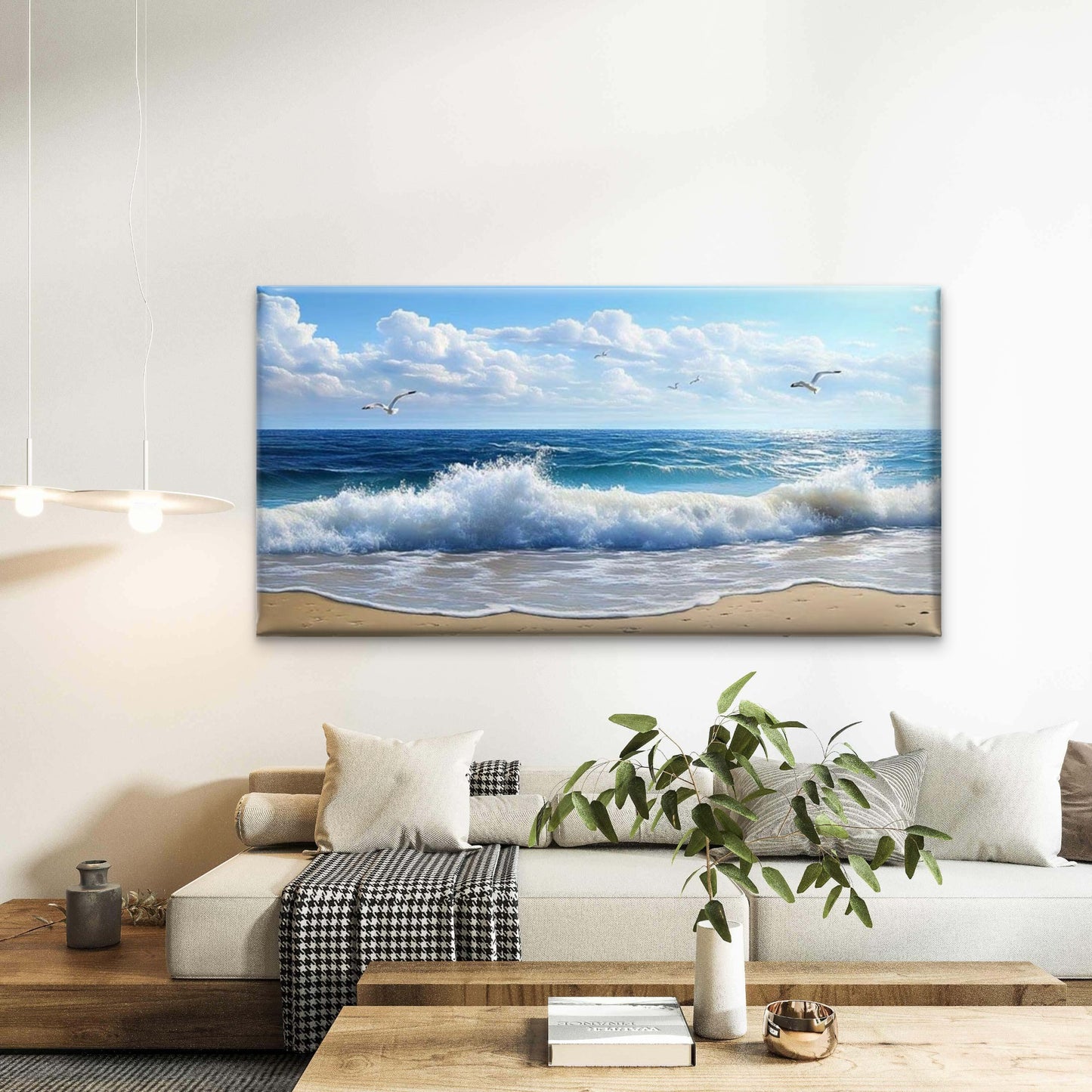 Waves and Seagulls Beach Wall Art Canvas Office Home Room Framed 120x60cm - Bella Home Decor