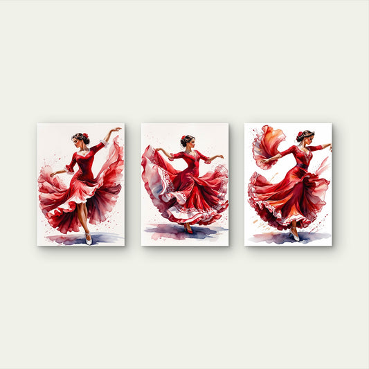 3pcs Watercolor Spanish Flamenco Dancers Painting Wall Art Set Canvas Framed 40x60cm - High Quality Print 100% Australian Made Wall Canvas Ready to Hang