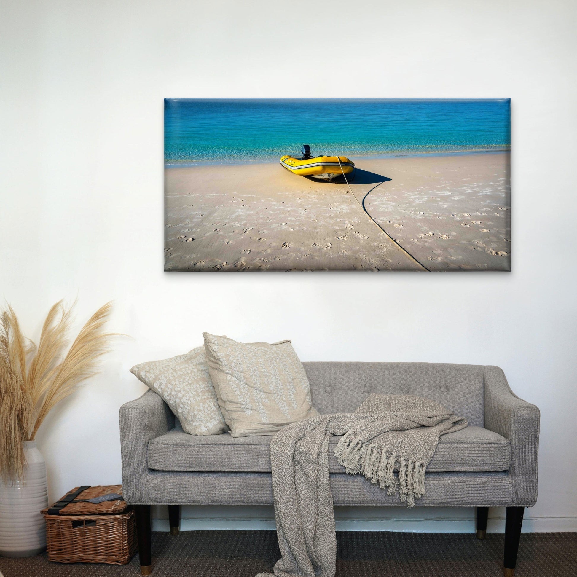 Inflatable Boat on Shoreline Wall Art Canvas Office Home Room Framed 120x60cm - Bella Home Decor