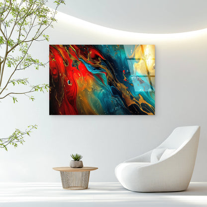 Luxury Teal Red Gold Fluid Ink Abstract Acrylic Glass Printing Wall Art Australian Made Quality