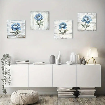 4pcs Blue Flowers In Rustic  Wall Art Canvas Framed