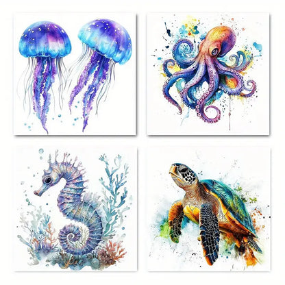 4pcs  Octopus Seaturtle Seahorse Jellyfish  Wall Art Canvas Framed