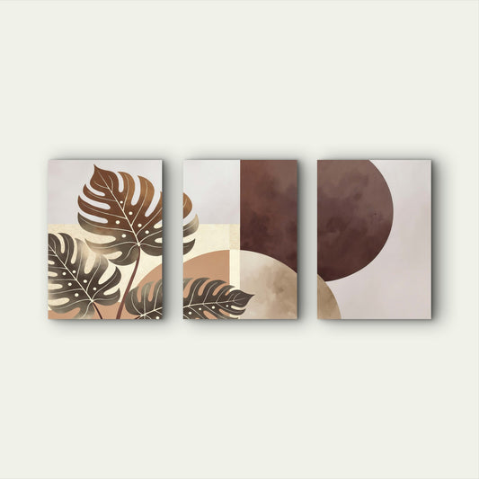 3pcs Boho Earth Tones Neutral Monstera Triptych Wall Art Set Canvas Framed 50x70cm - High Quality Print 100% Australian Made Wall Canvas Ready to Hang - Bella Home Decor