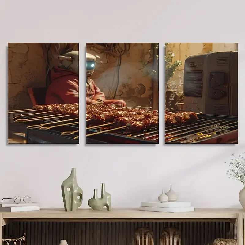 3pcs Futuristic Robot Chef Cooking Scene Metal Print Ready to Hang Art - Bella Home Decor