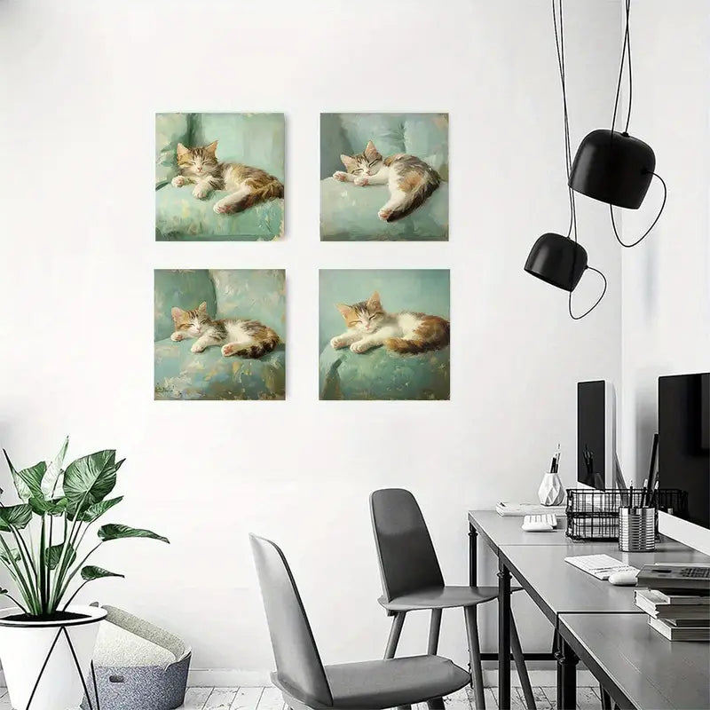 4pcs  Cozy Sleepy Tabby Cat C  Wall Art Canvas Framed