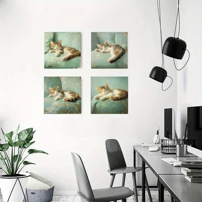 4pcs  Cozy Sleepy Tabby Cat C  Wall Art Canvas Framed