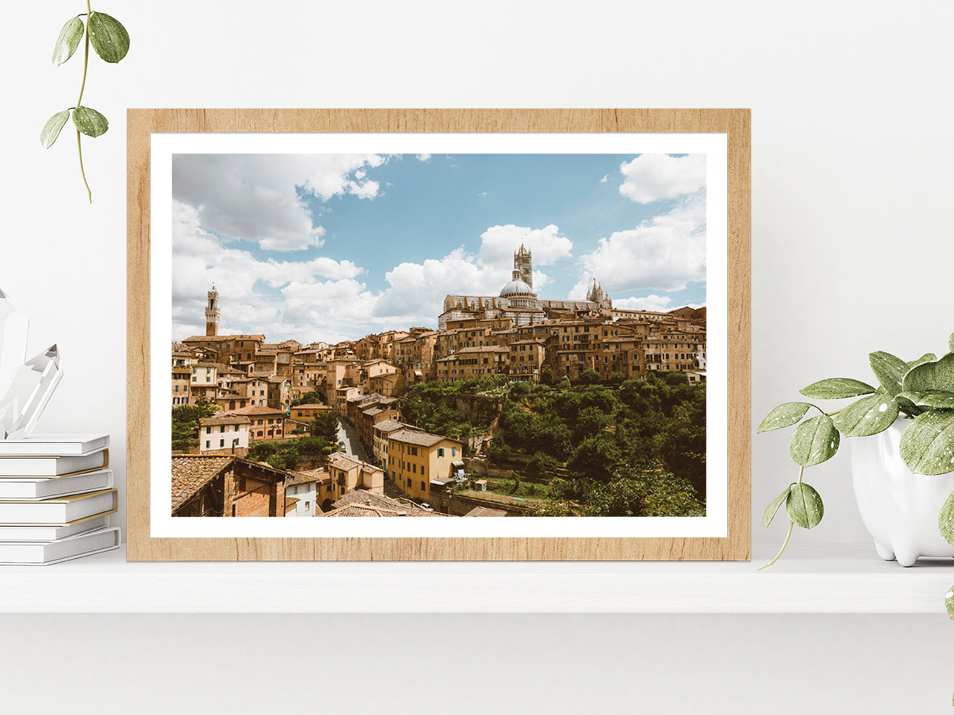 Siena City With Historic Buildings Glass Framed Wall Art, Ready to Hang Quality Print With White Border Oak