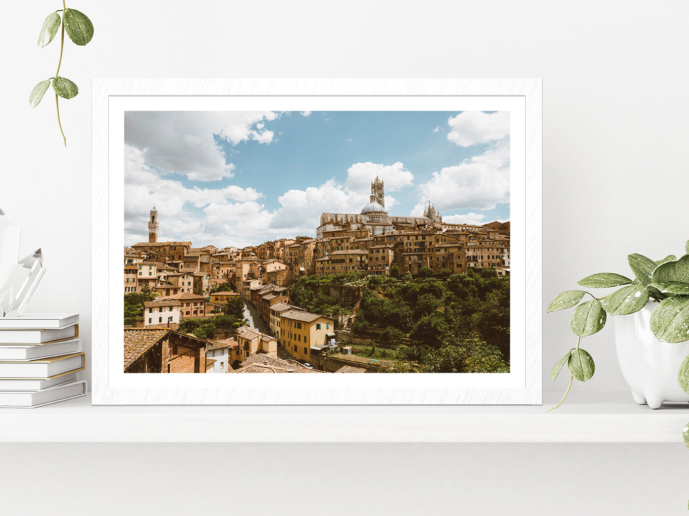 Siena City With Historic Buildings Glass Framed Wall Art, Ready to Hang Quality Print With White Border White