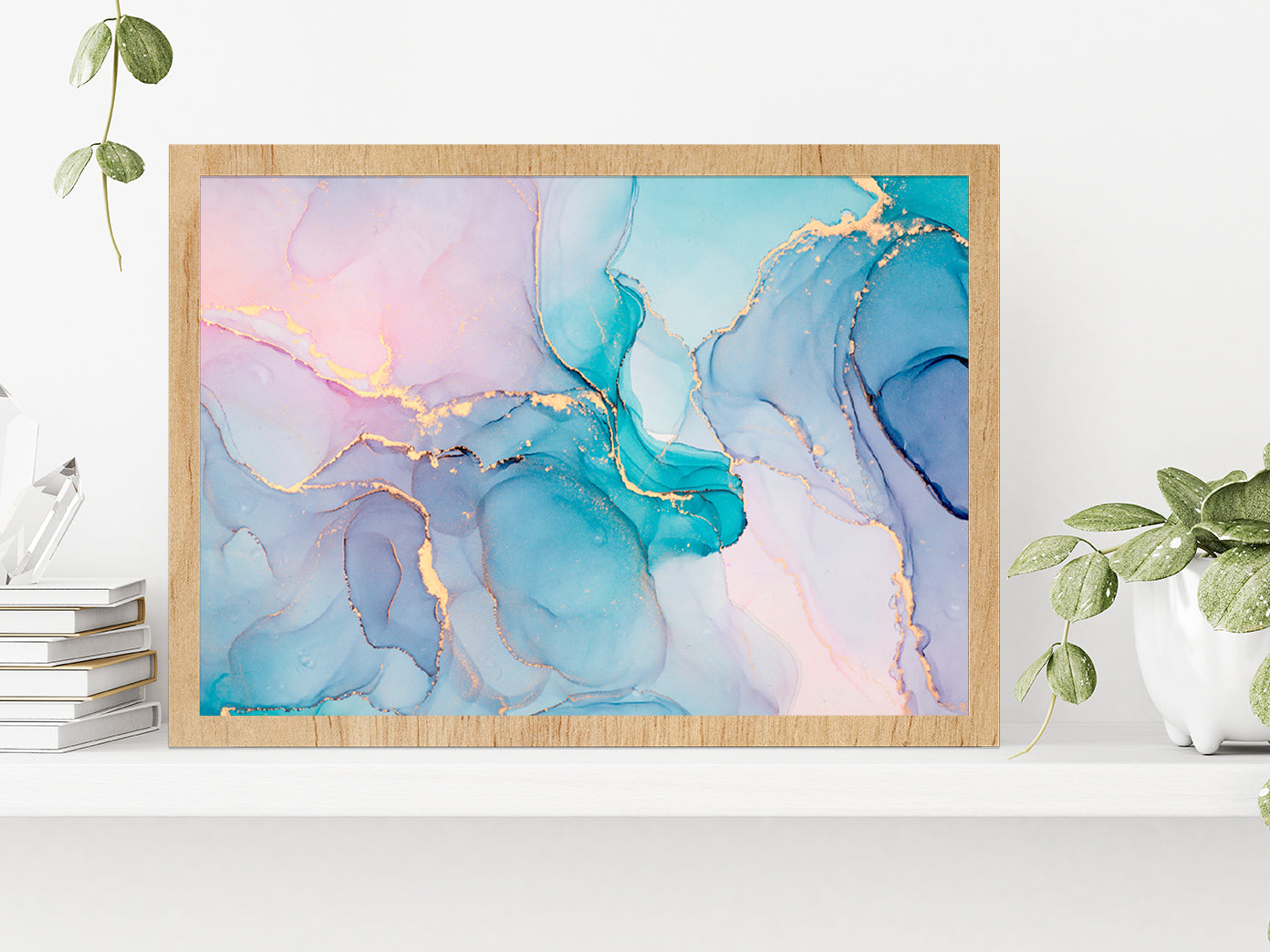 Blue Abstract Fluid Art Painting Glass Framed Wall Art, Ready to Hang Quality Print Without White Border Oak