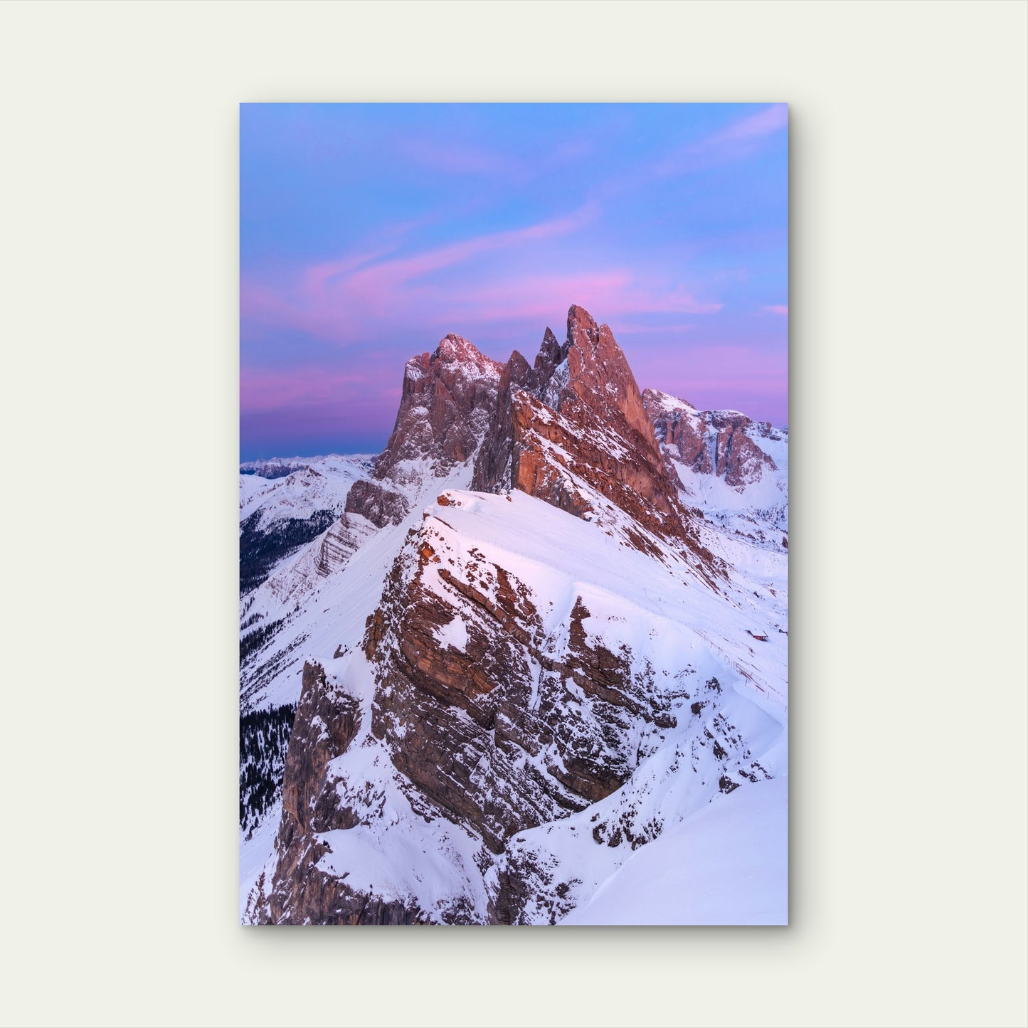 Seceda Ridgeline at Winter Sunrise, Dolomites 40x60cm Metal Print Ready to Hang