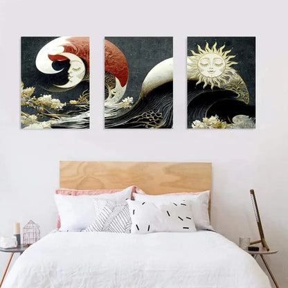 3pcs  Sun And Moon Japanese Ocean Landscape Metal Print Ready to Hang Art - Bella Home Decor
