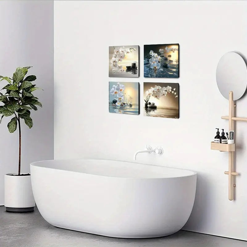 4pcs Abstract White Orchid Candl Wall Art Canvas Framed