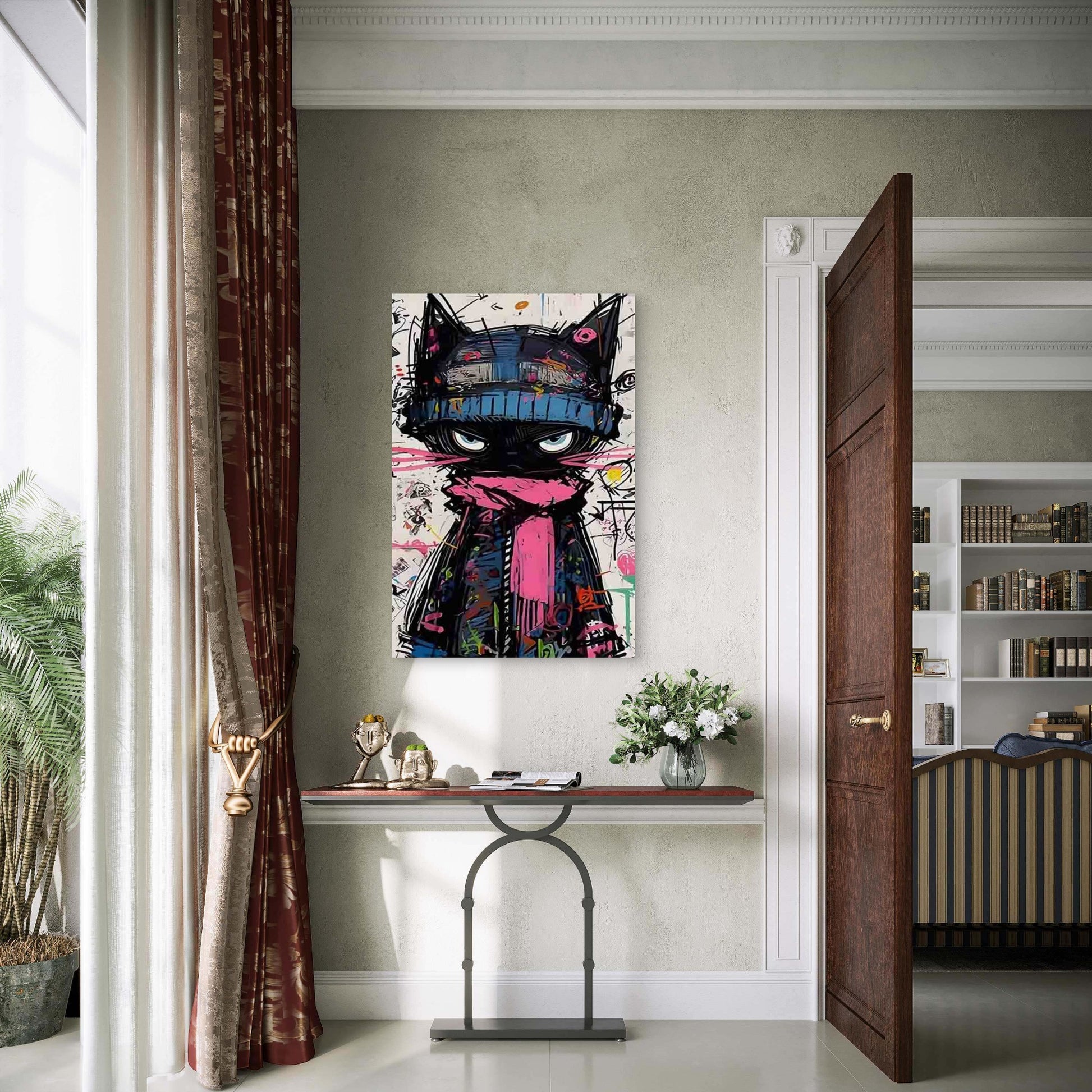 Black Cat with Blue Hat & Pink Scarf Metal Print Ready to Hang - Bella Home Decor