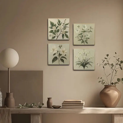4pcs White Flowers With Green Leaves Wall Art Canvas Framed