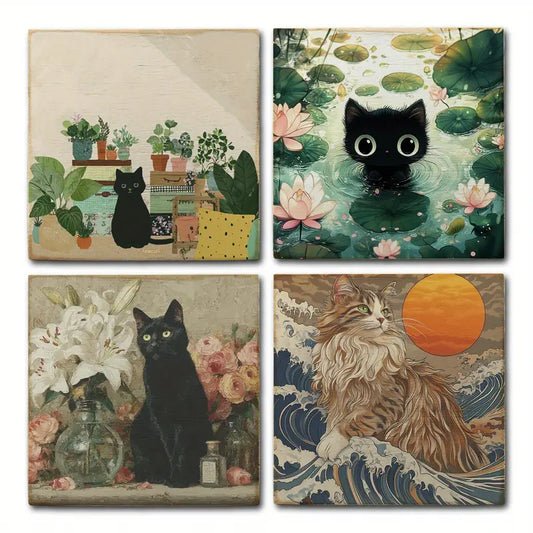 4pcs Adorable Orange Cat Room Decoration Wall Art Canvas Framed