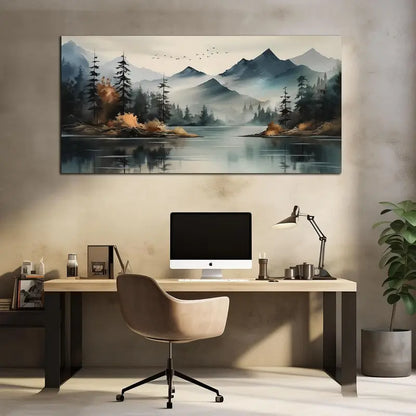 Teal Mountain Tree Landscape Wall Art canvas office home room framed 120x60cm - Bella Home Decor