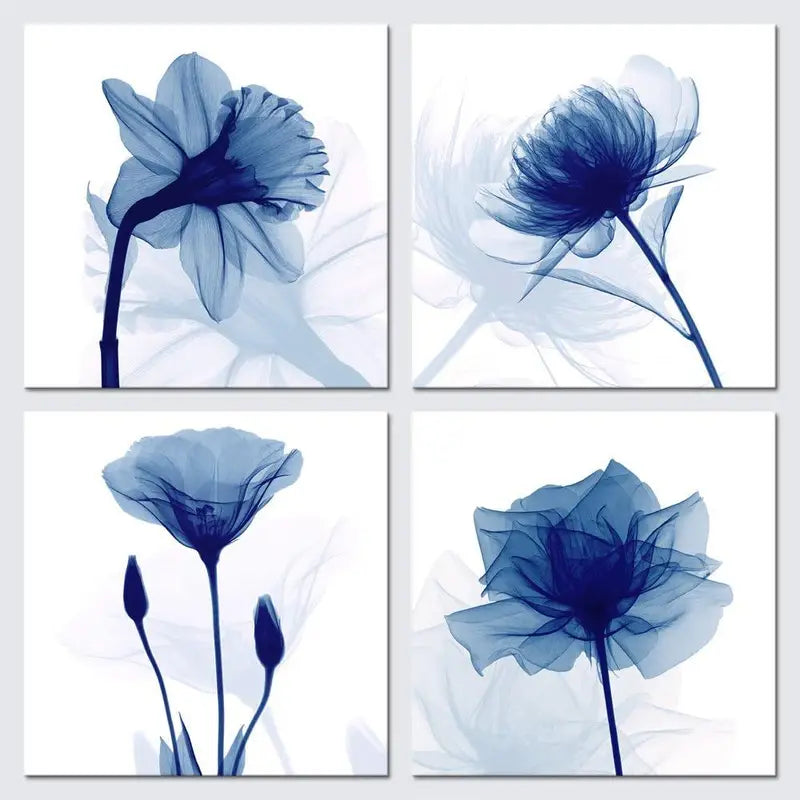 4pcs Blue Flickering Flower Modern Abstract  Wall Art Canvas Framed