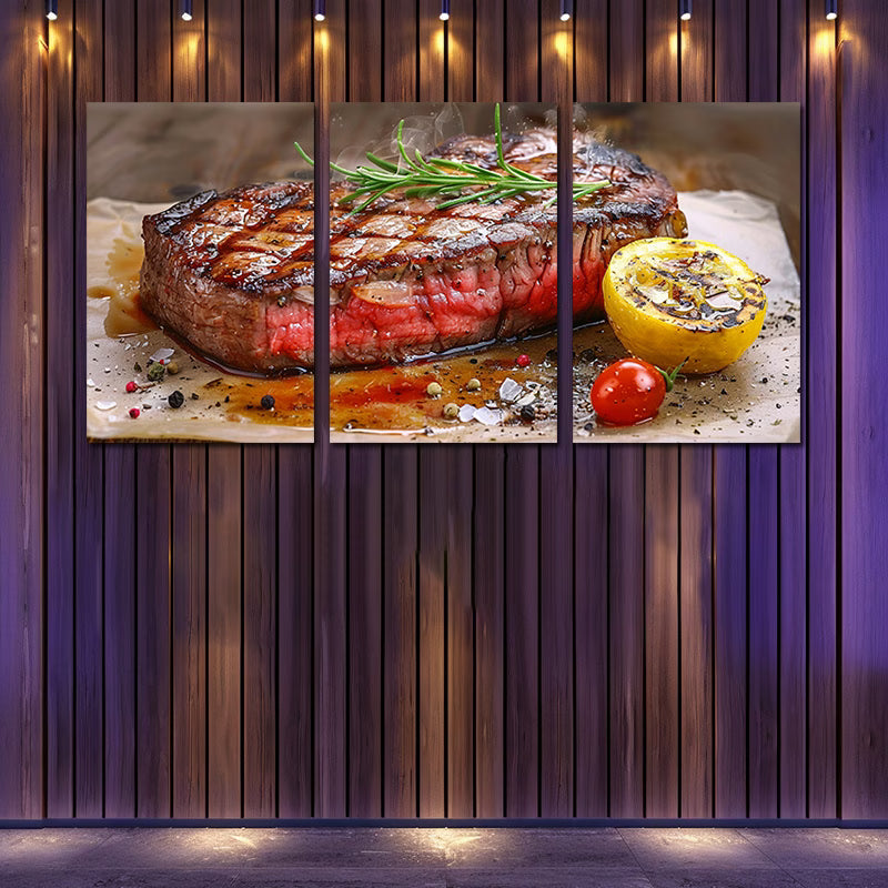3pcs Steak Served on a Wooden Cutting Board Wall Art Set Canvas Framed 60x90cm - High Quality Print 100% Australian Made Wall Canvas Ready to Hang